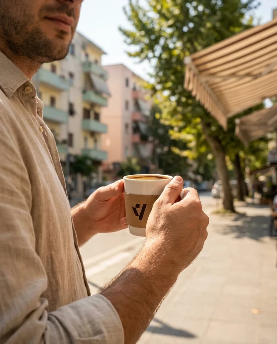 Kafe Amerikano — në dorë në një rrugë të Tiranës