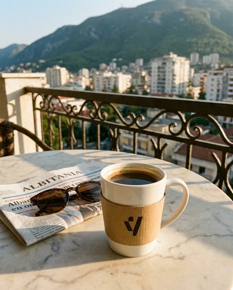 Kafe Amerikano — në një tavolinë kafeneje në Tiranë