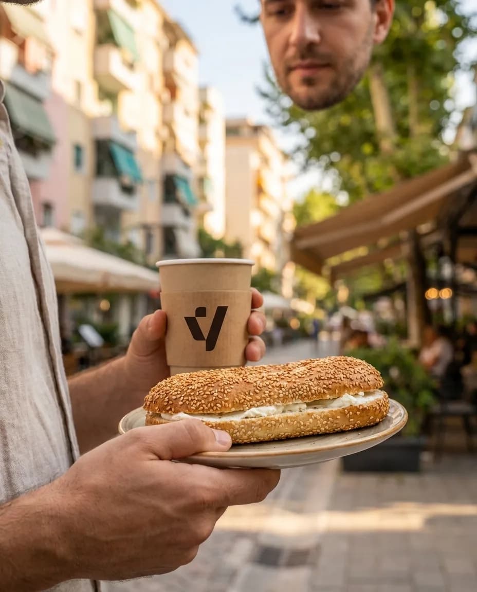 Bagel Philadelphia — në dorë në një rrugë të Tiranës
