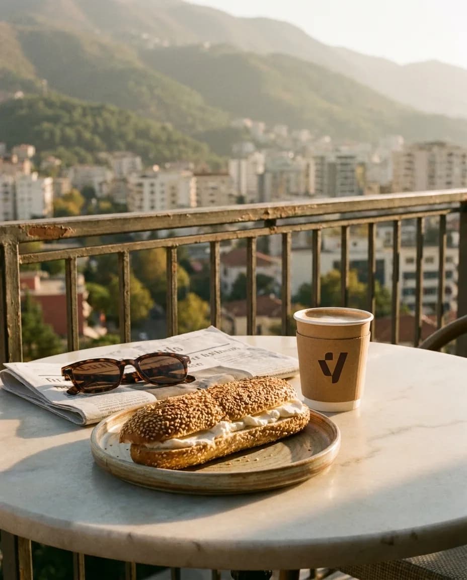 Bagel Philadelphia — në një tavolinë kafeneje në Tiranë