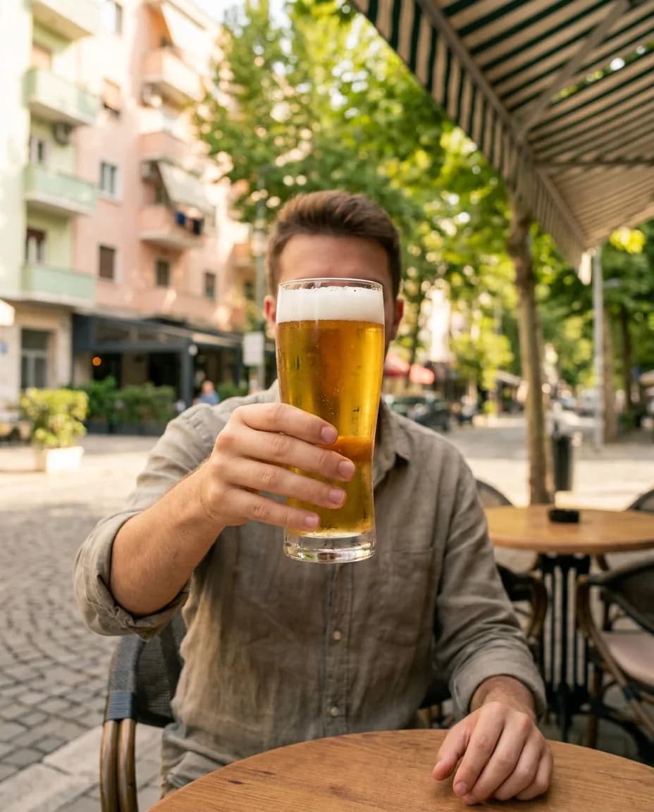 Birra Alpha 330ml — në dorë në një rrugë të Tiranës
