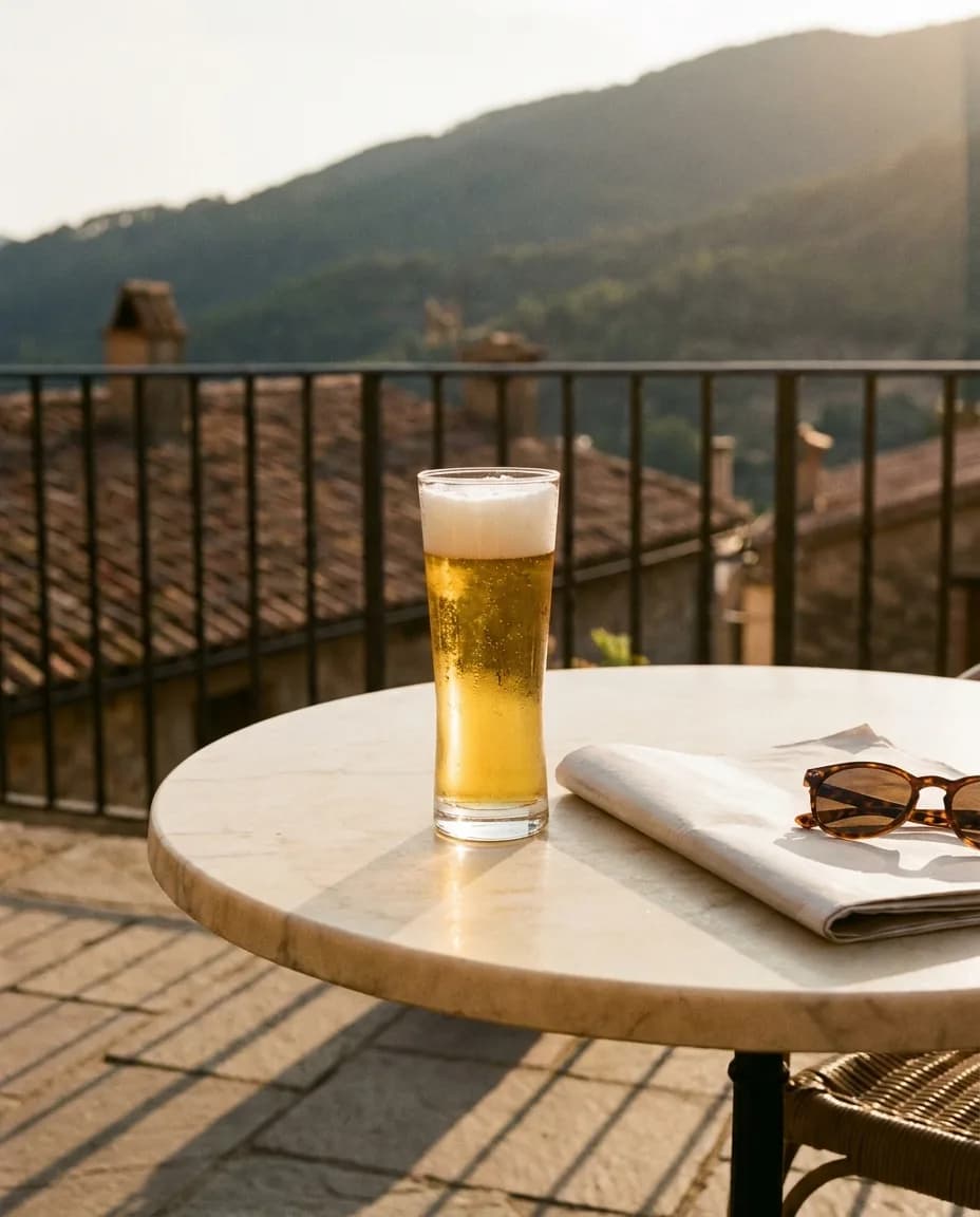 Birra Alpha 330ml — në një tavolinë kafeneje në Tiranë
