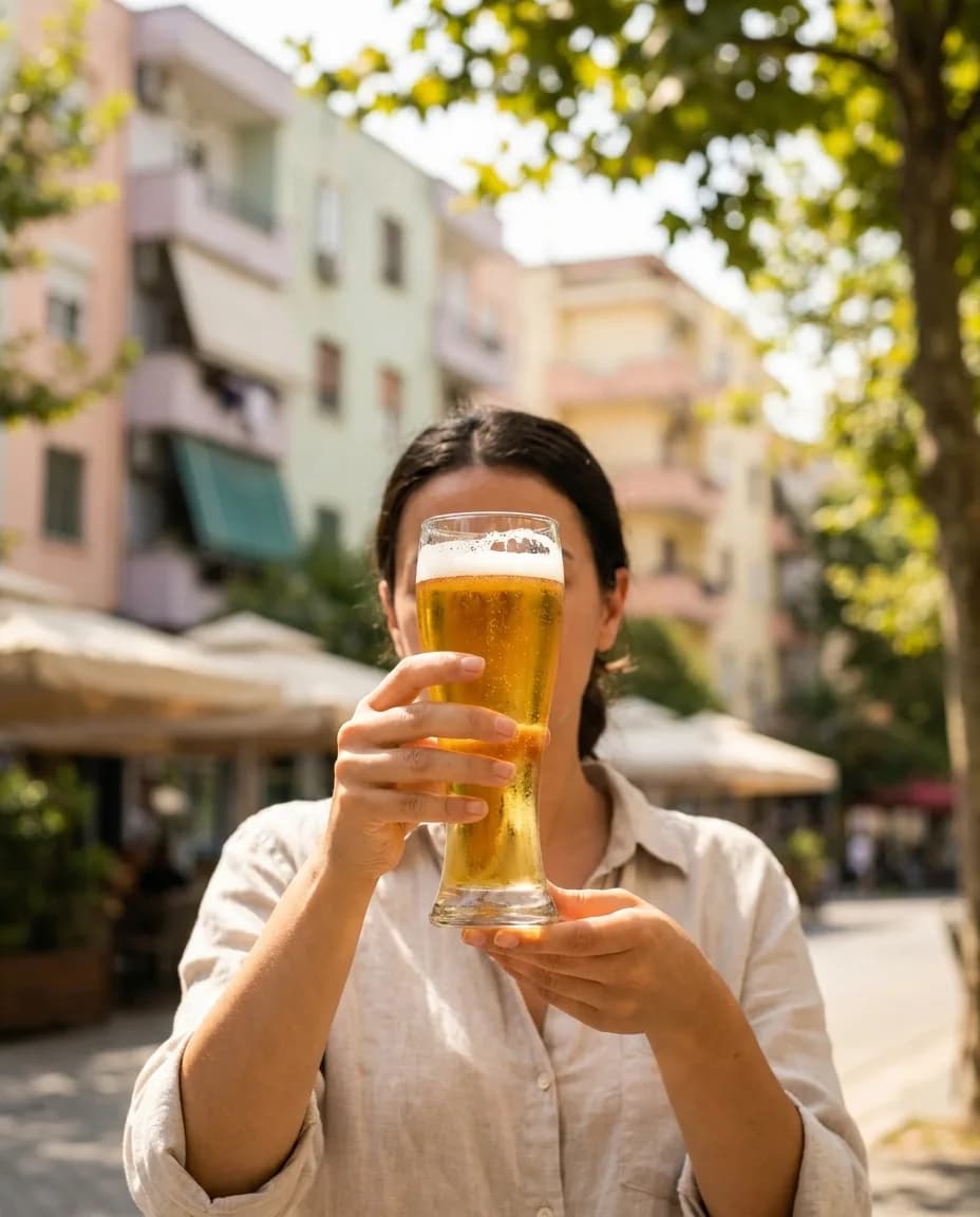 Birra Fischer Pilsener 330ml — në dorë në një rrugë të Tiranës