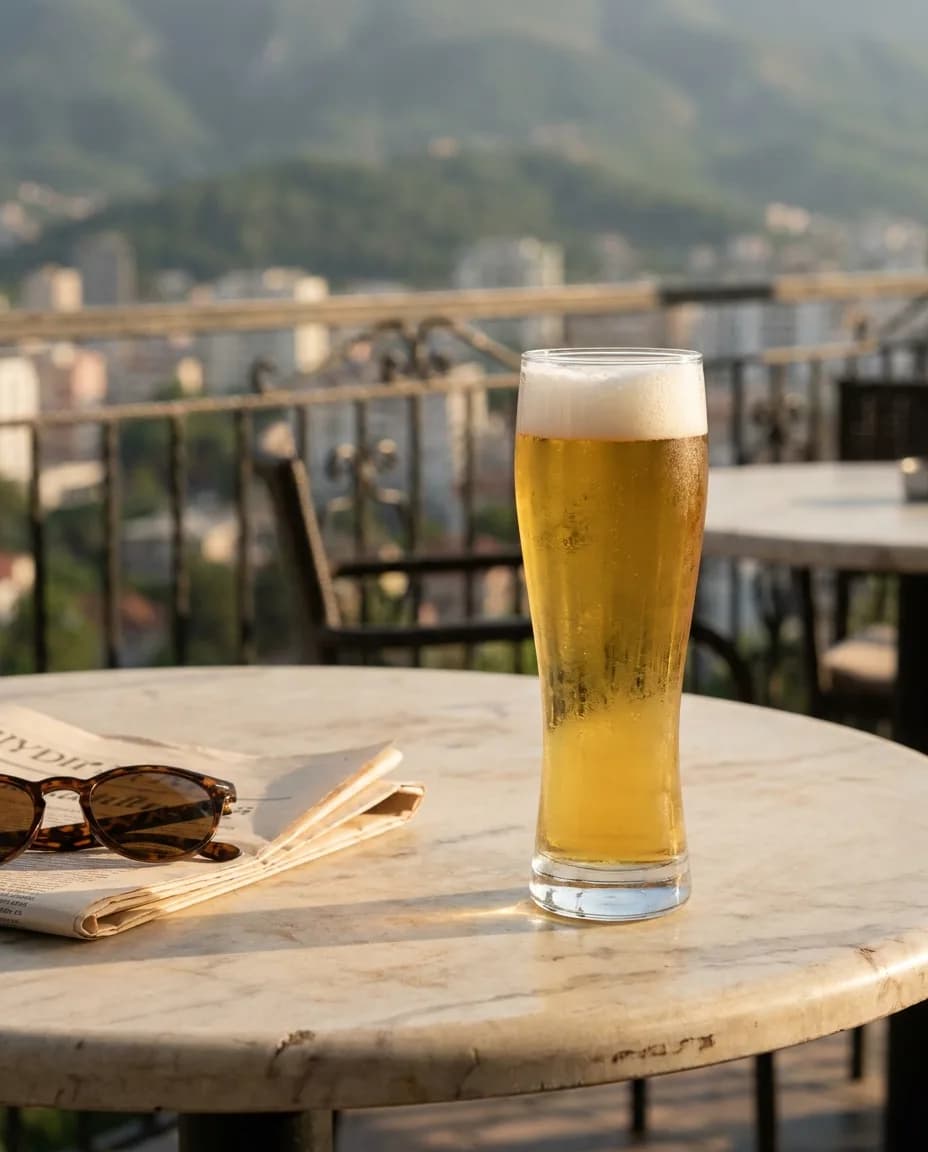 Birra Fischer Pilsener 330ml — në një tavolinë kafeneje në Tiranë