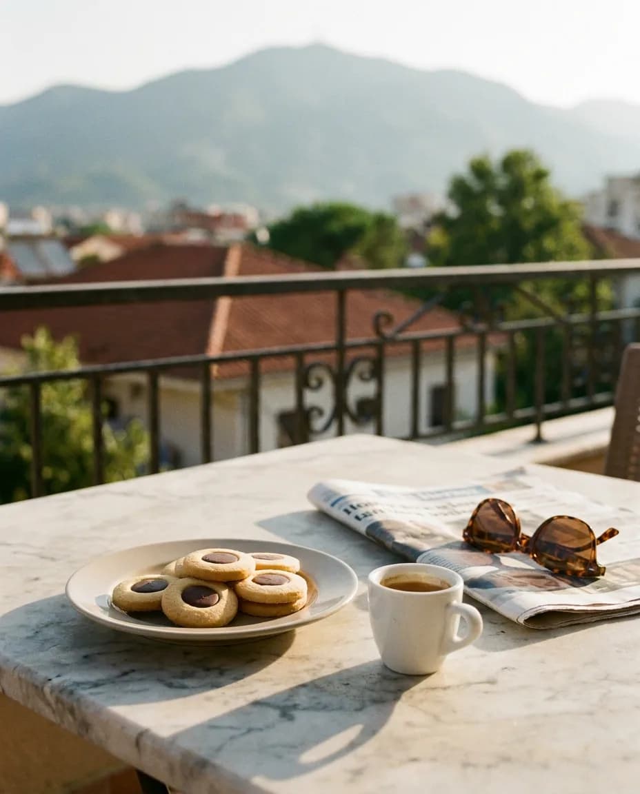 Biskota Gemista Çokollatë — në një tavolinë kafeneje në Tiranë