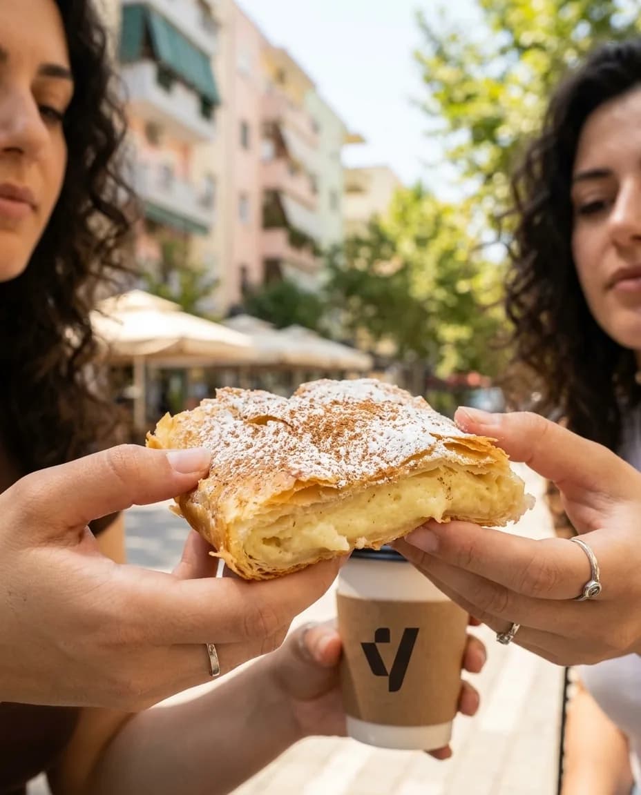 Bougatsa Greke — në dorë në një rrugë të Tiranës
