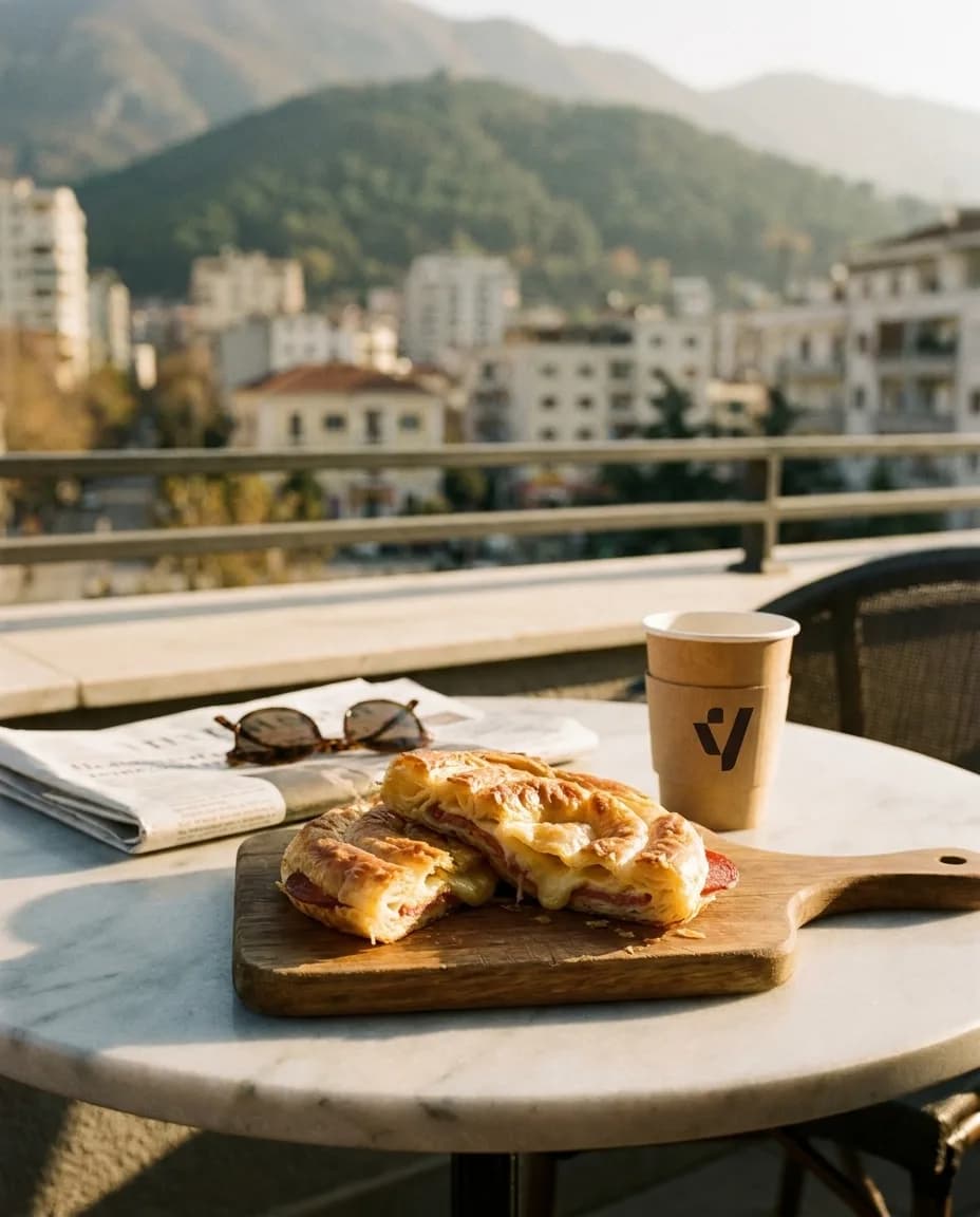 Byrek Sallam Special — në një tavolinë kafeneje në Tiranë
