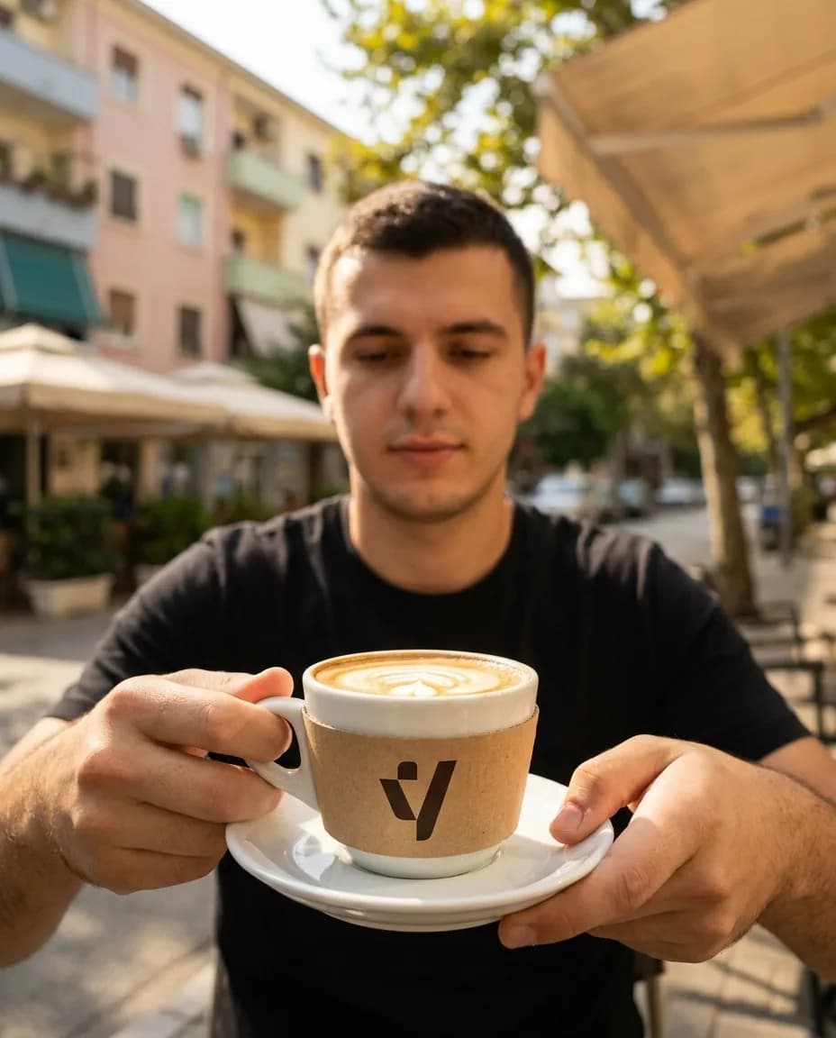 Kapuçino pa Kafeinë — në dorë në një rrugë të Tiranës