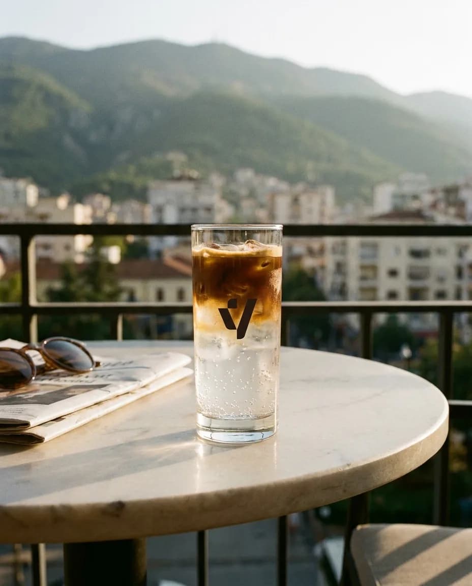 daVas Special Fredo Tonic Kafe — në një tavolinë kafeneje në Tiranë