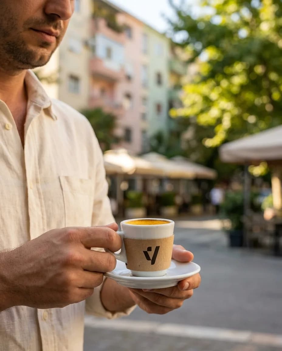 Kafe Espres GOLD — në dorë në një rrugë të Tiranës