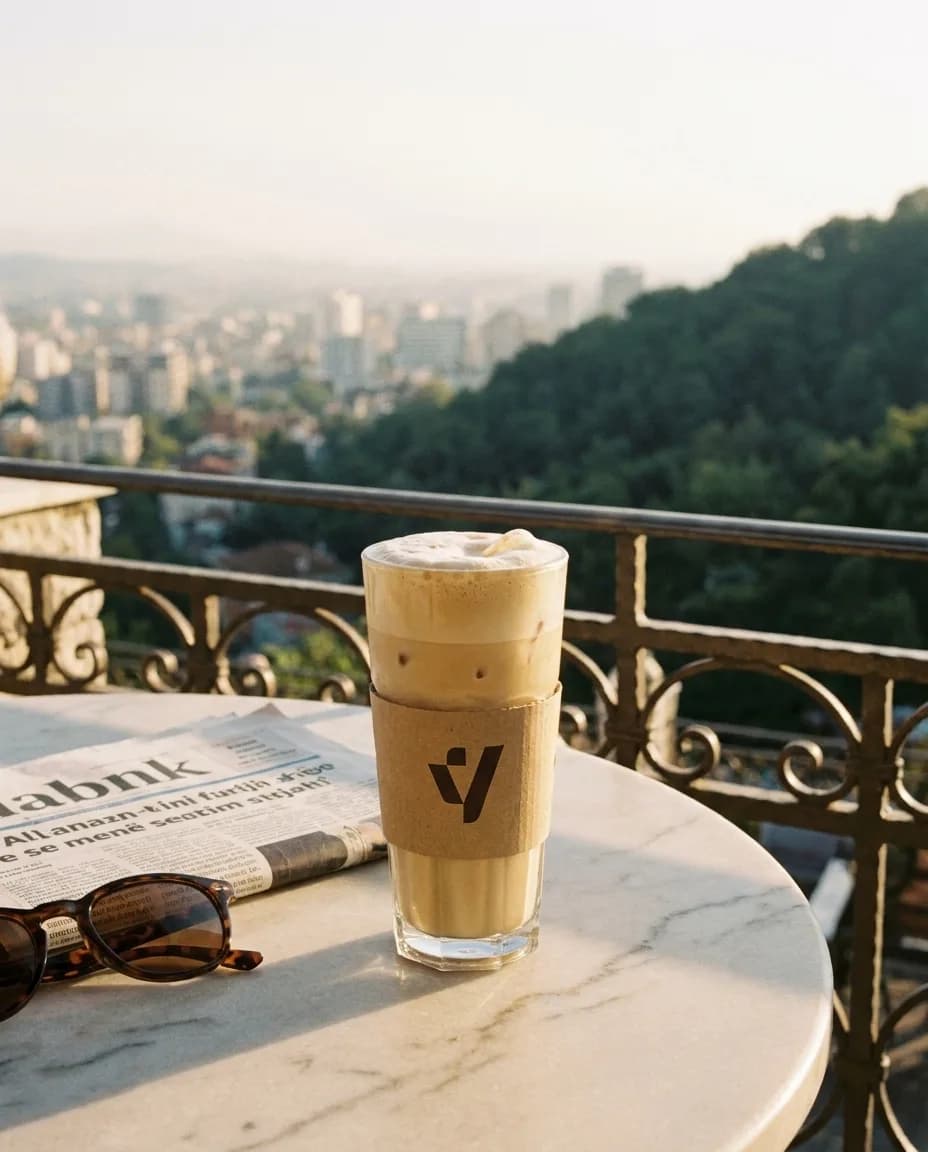 Kafe Frape me Baileys dhe Qumësht — në një tavolinë kafeneje në Tiranë