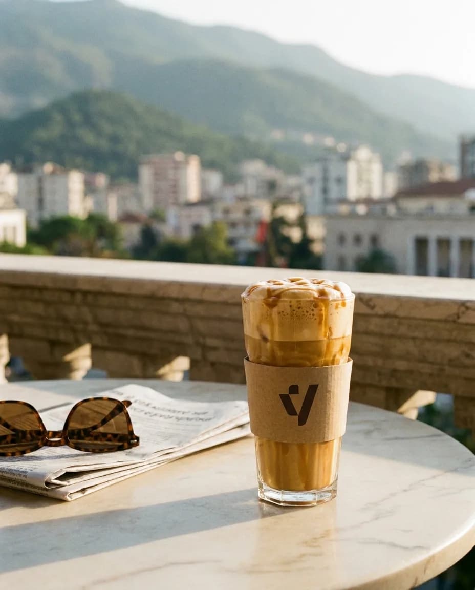 Kafe Frape me Karamel — në një tavolinë kafeneje në Tiranë