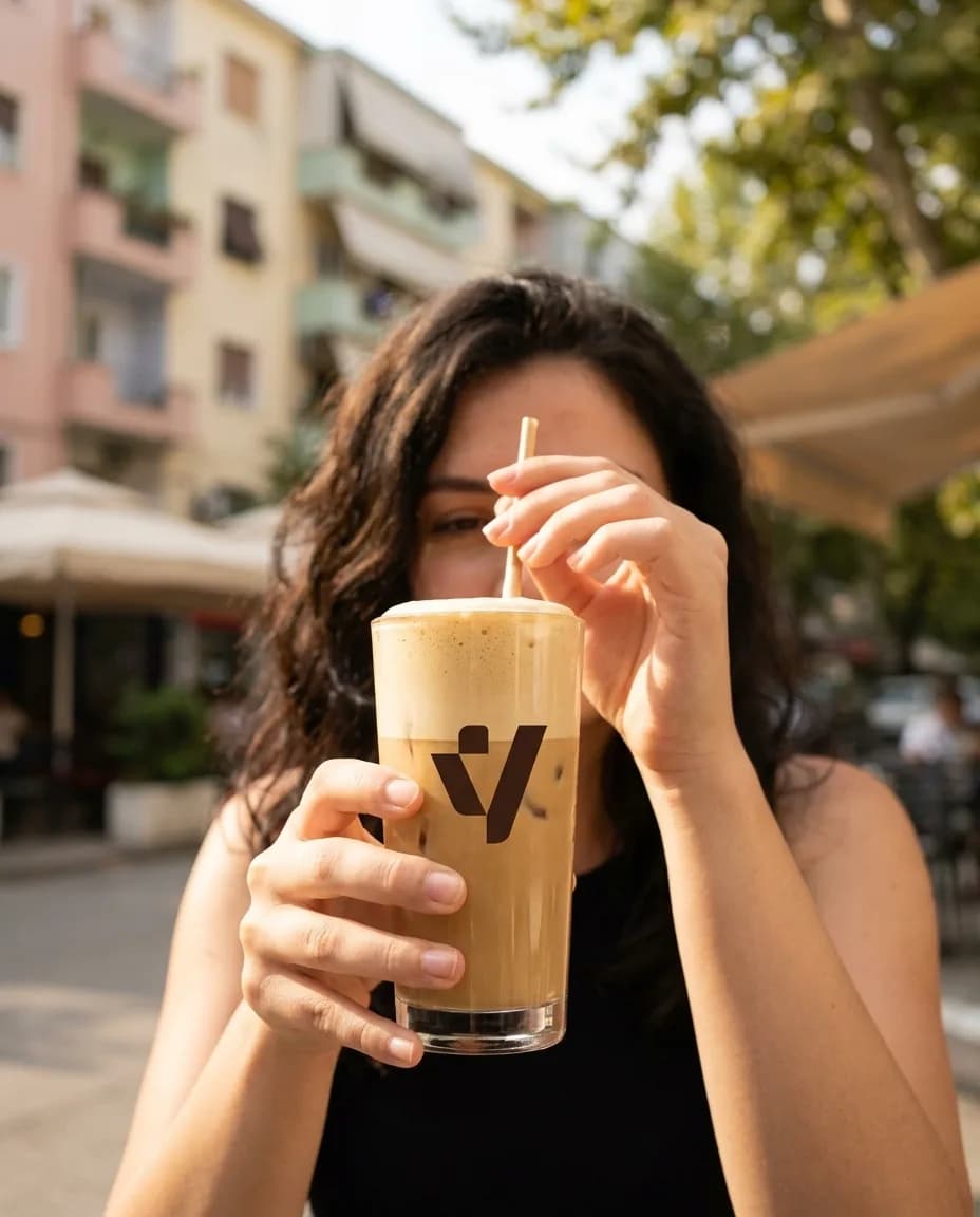 Kafe Frape Nescafe — në dorë në një rrugë të Tiranës