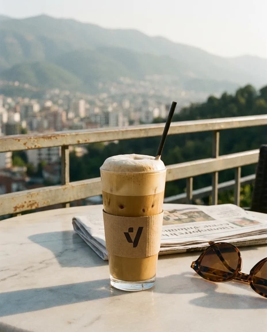 Kafe Frape Nescafe — në një tavolinë kafeneje në Tiranë