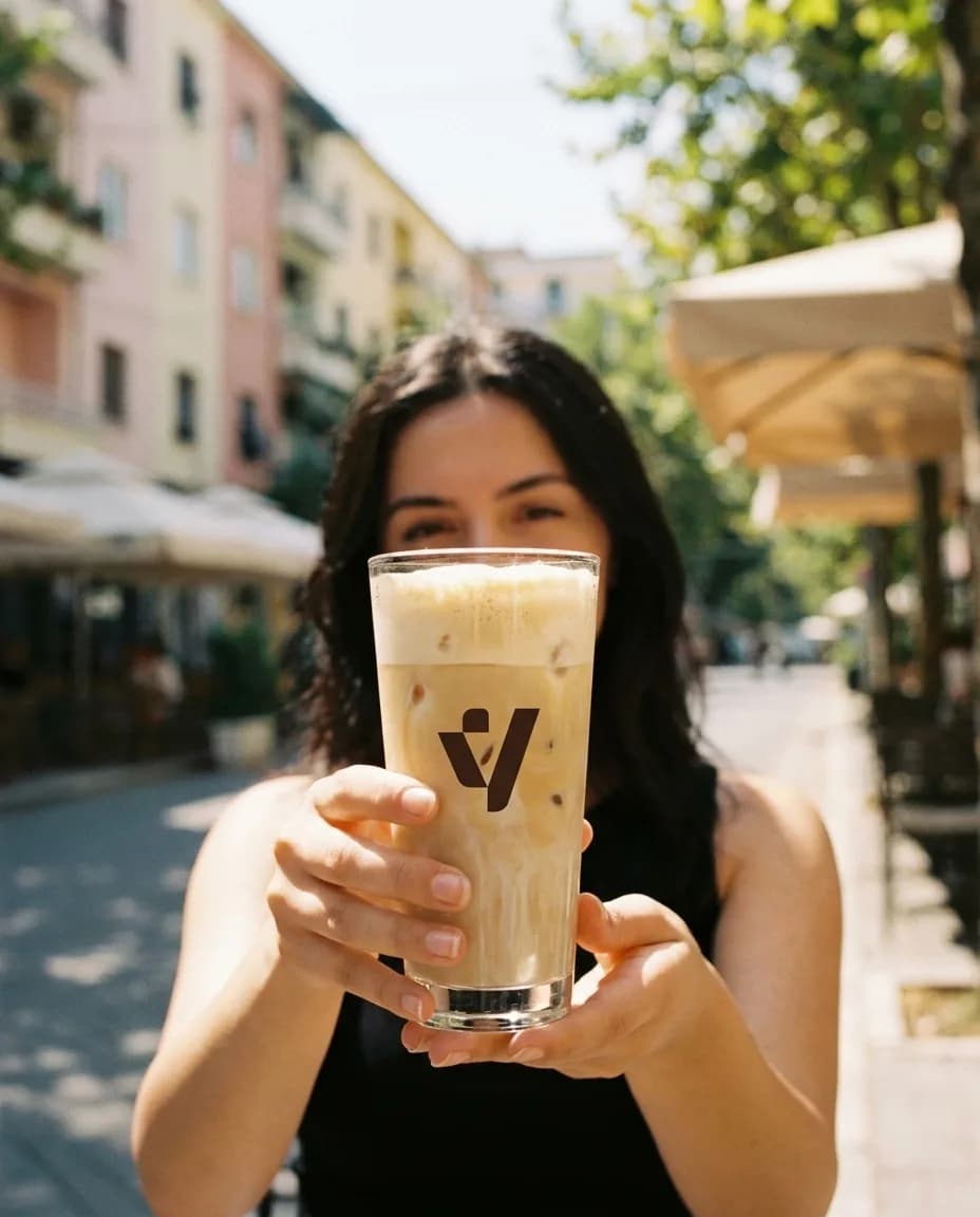 Kafe Frape Nescafe me Qumësht — në dorë në një rrugë të Tiranës