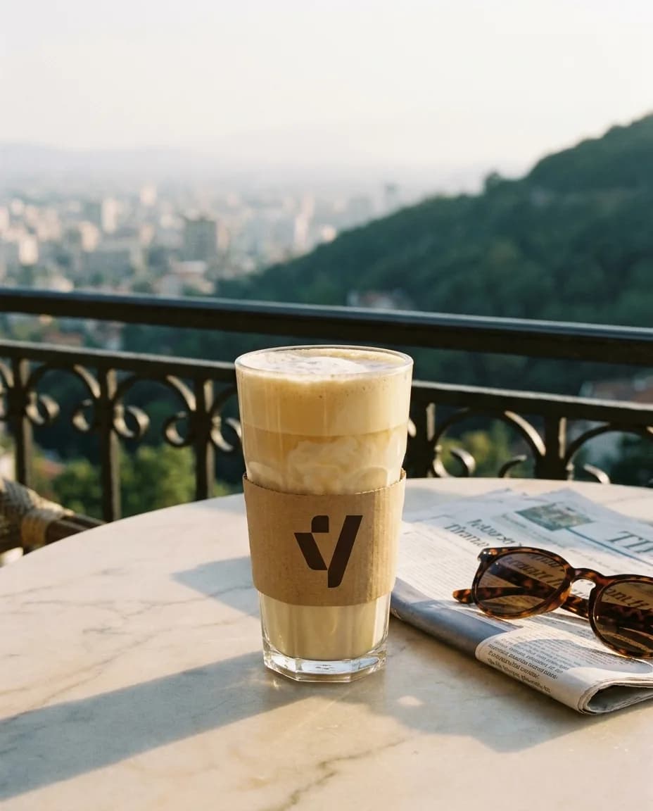 Kafe Frape Nescafe me Qumësht — në një tavolinë kafeneje në Tiranë