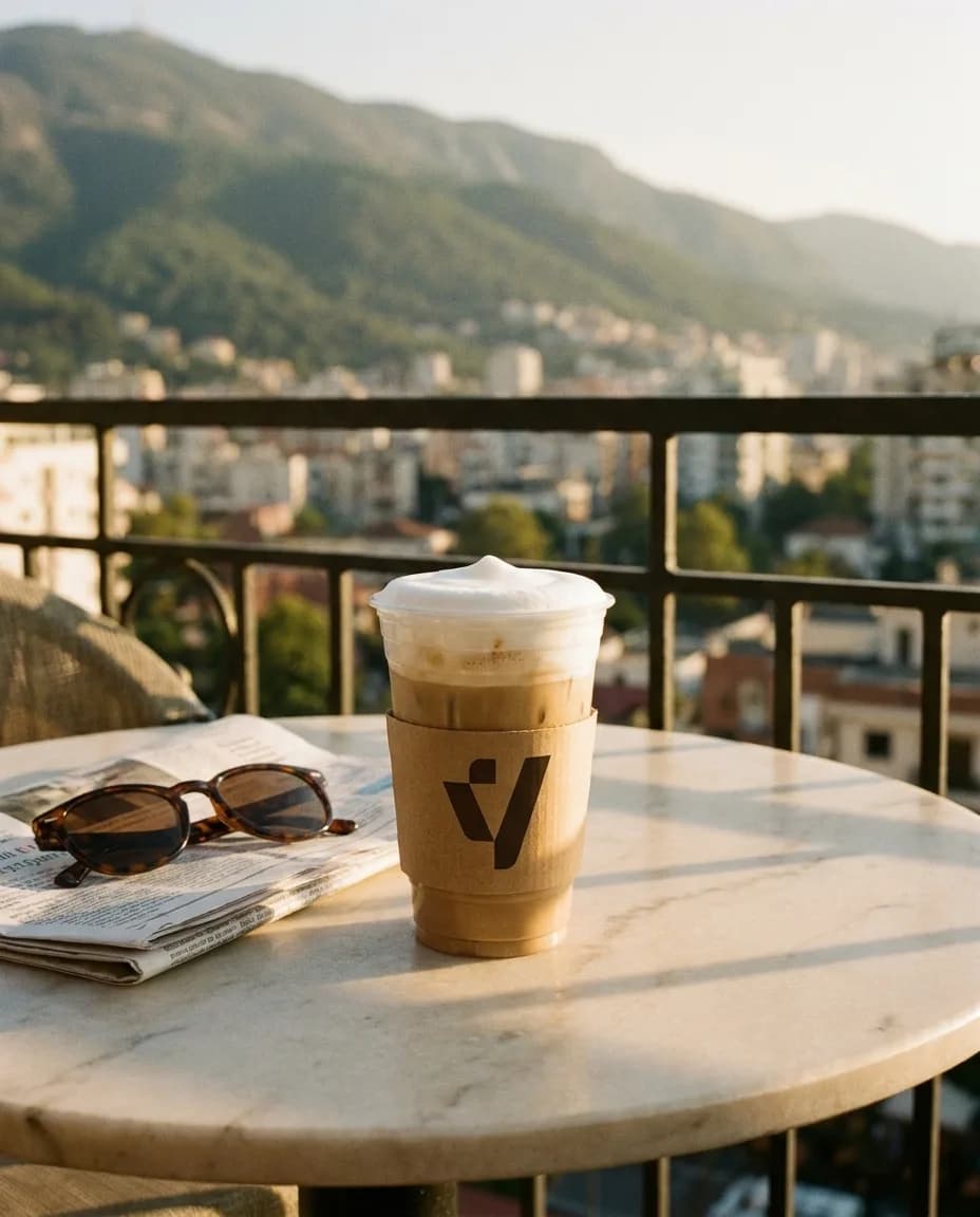 Freddo Kapuçino me Baileys — në një tavolinë kafeneje në Tiranë