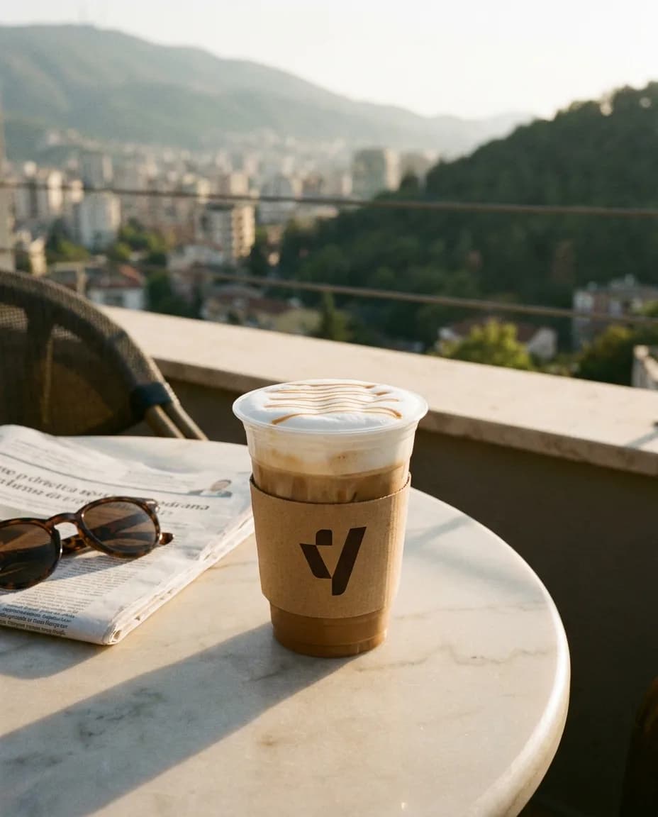 Freddo Kapuçino me Karamel — në një tavolinë kafeneje në Tiranë