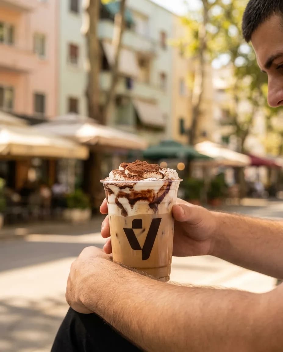 Freddo Kapuçino me Çokollatë — në dorë në një rrugë të Tiranës