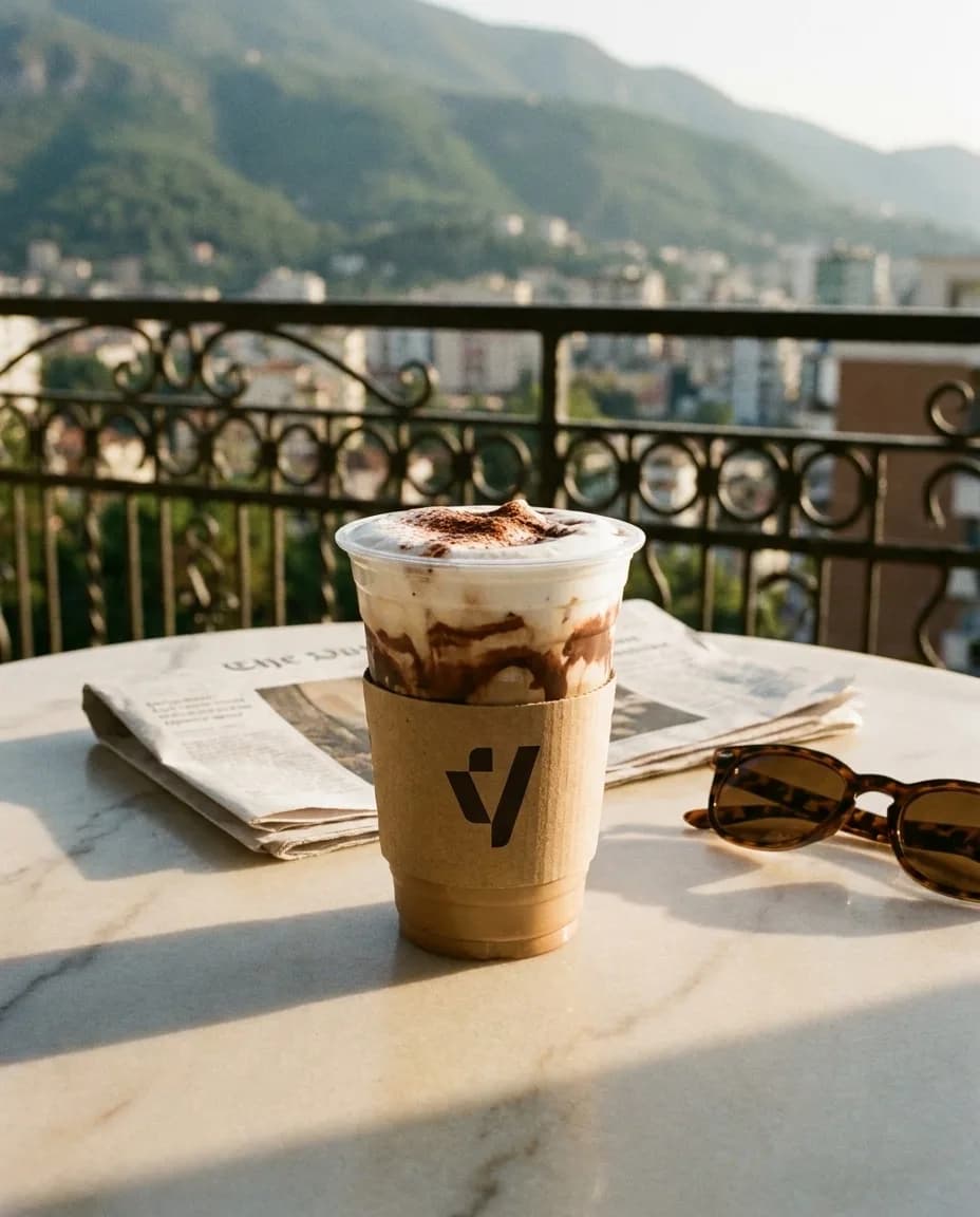 Freddo Kapuçino me Çokollatë — në një tavolinë kafeneje në Tiranë