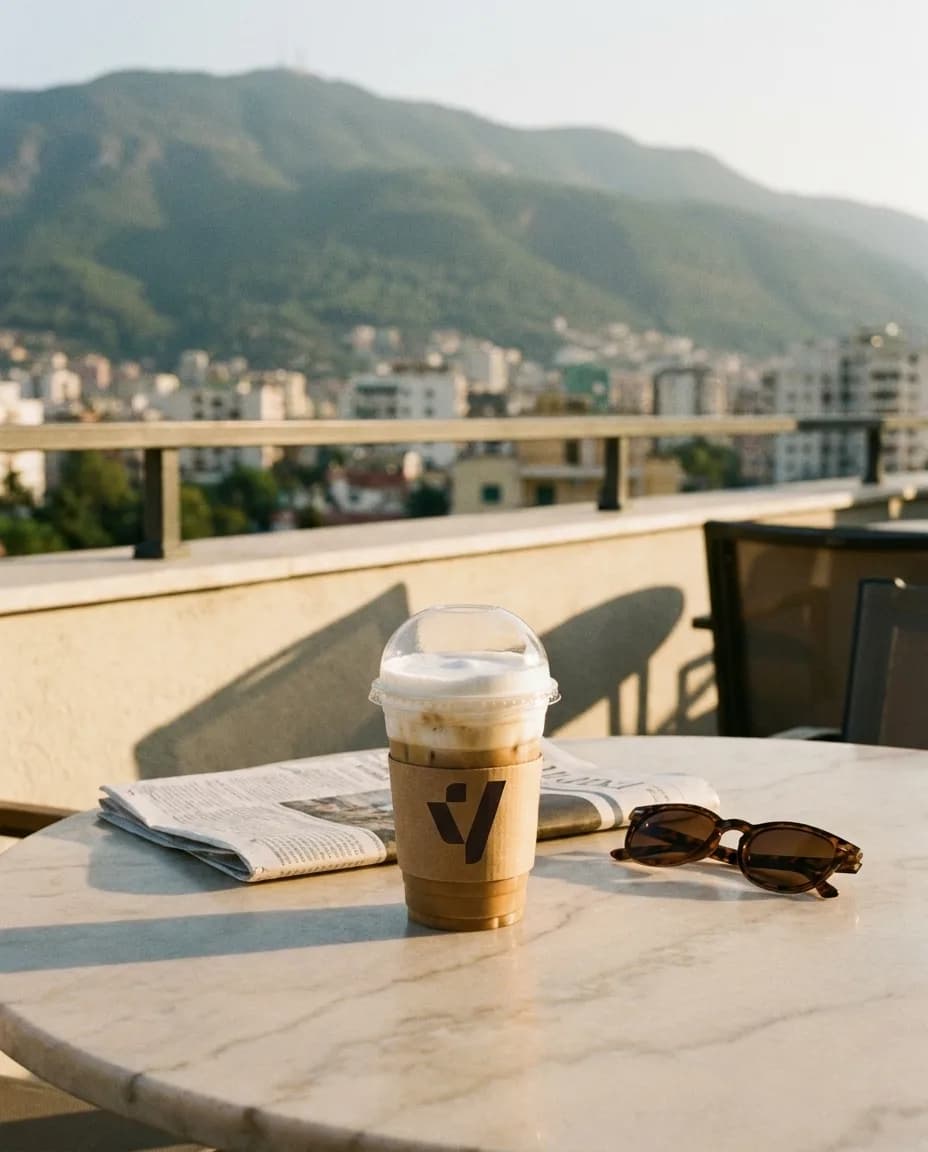 Freddo Kapuçino pa Kafeinë — në një tavolinë kafeneje në Tiranë