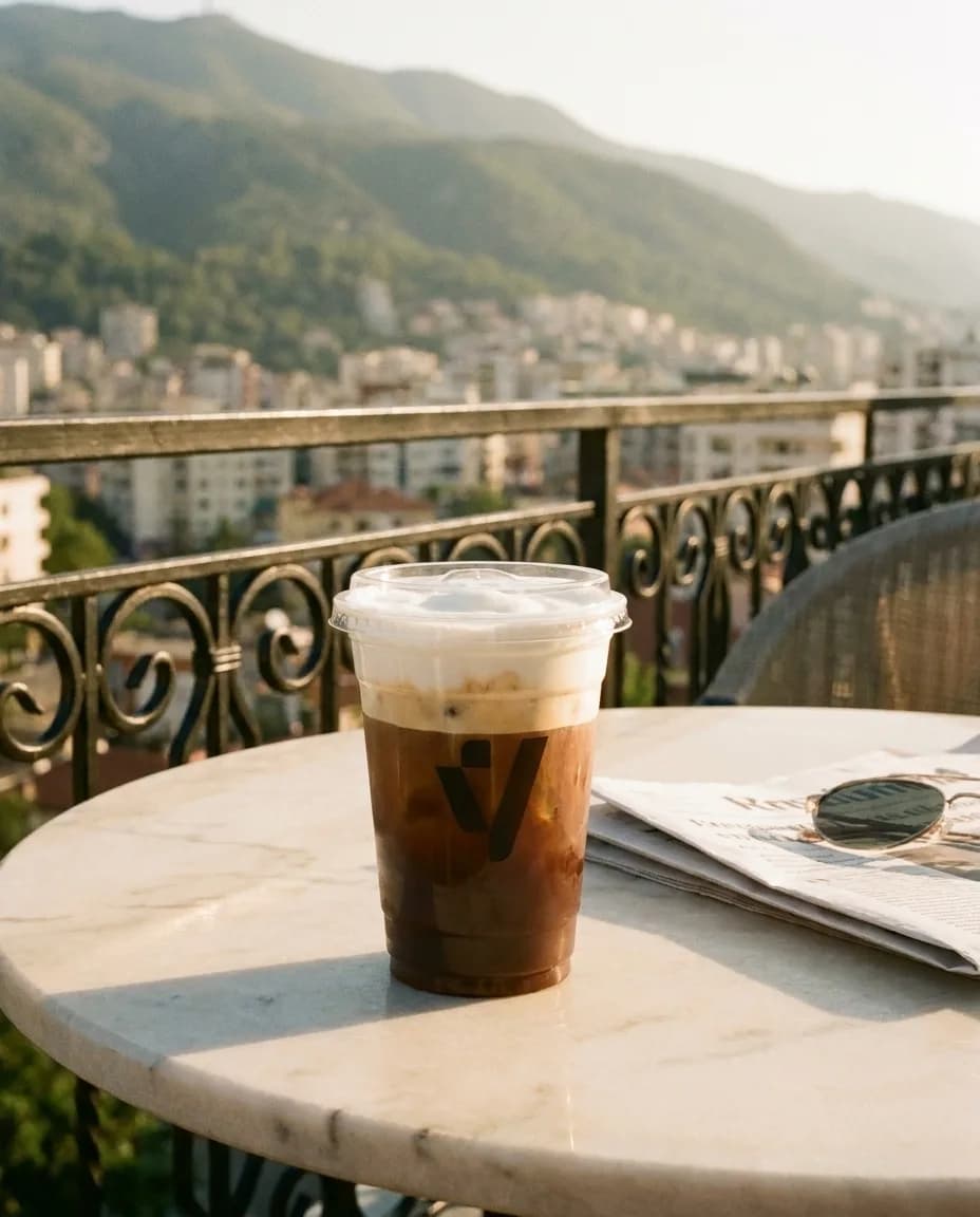 Freddo Kapuçino — në një tavolinë kafeneje në Tiranë