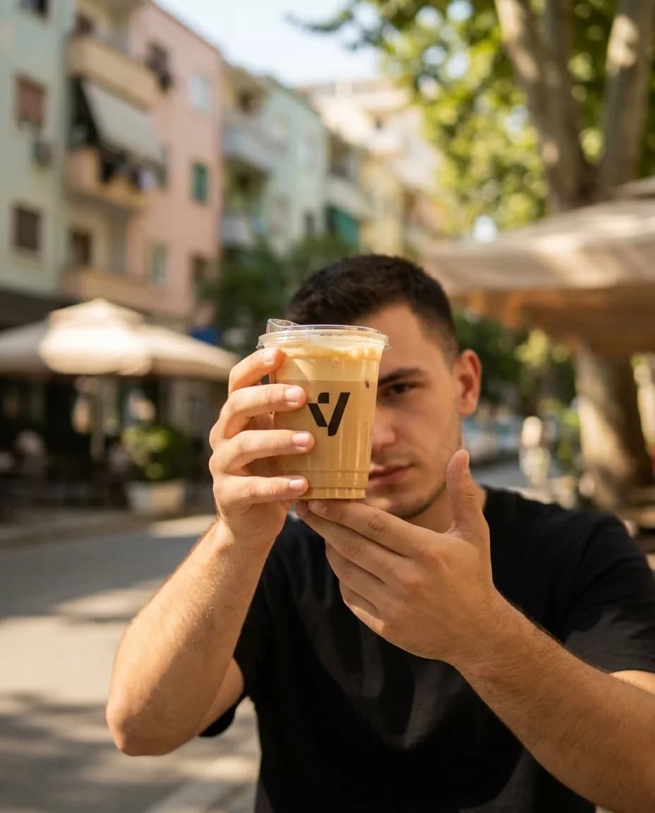 Freddo Espres me Baileys — në dorë në një rrugë të Tiranës