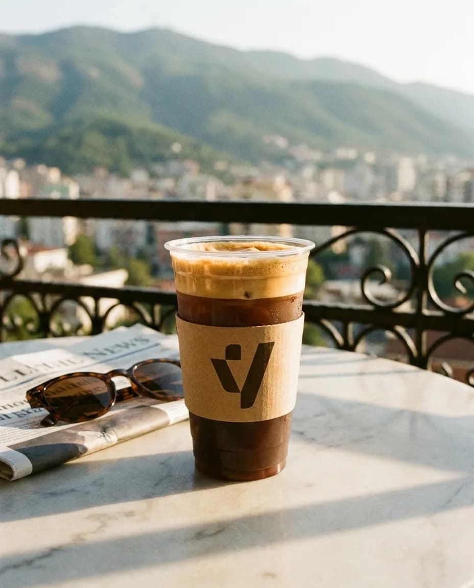 Freddo Espres pa Kafeinë — në një tavolinë kafeneje në Tiranë