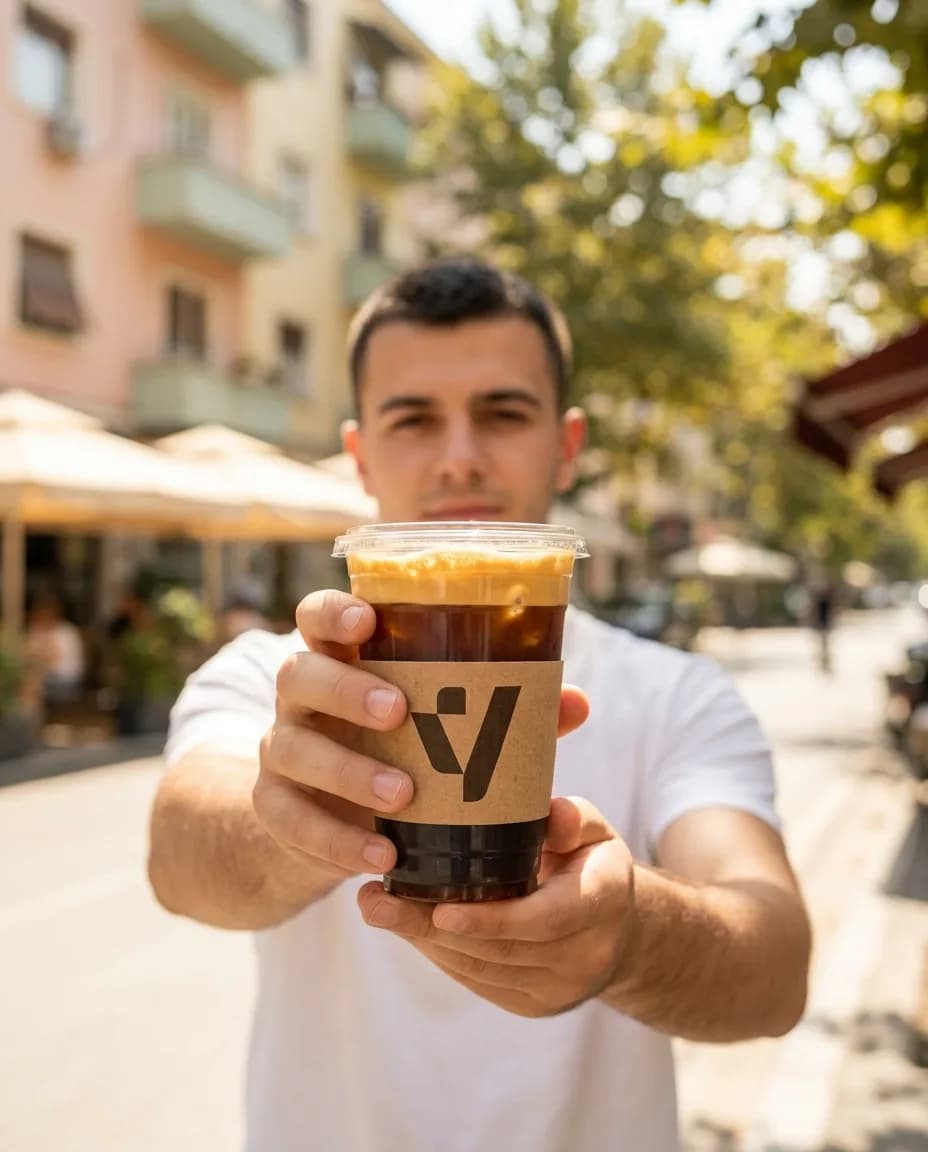 Freddo Espres — në dorë në një rrugë të Tiranës