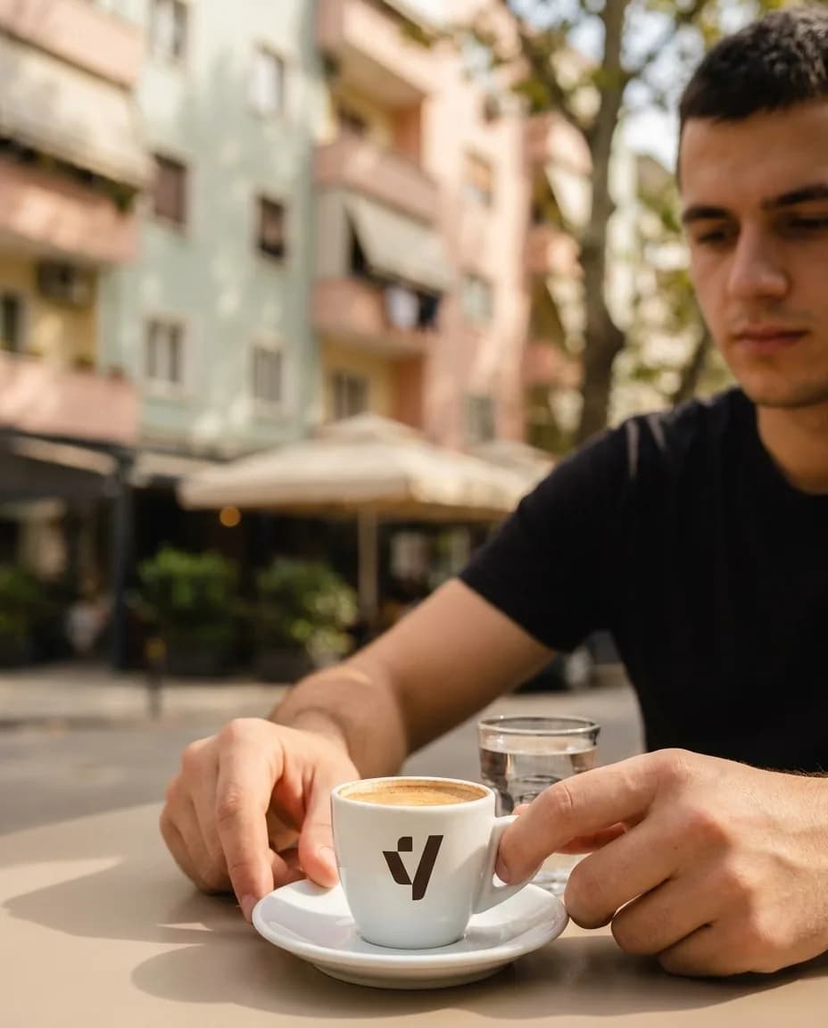 Kafe Loumidis Greke — në dorë në një rrugë të Tiranës