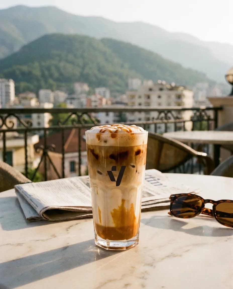 Kafe Latte me Akull dhe Karamel — në një tavolinë kafeneje në Tiranë