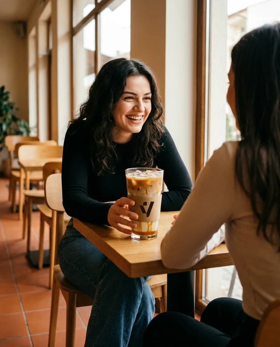 Kafe Latte me Akull dhe Karamel — e ndarë në tavolinë kafeneje