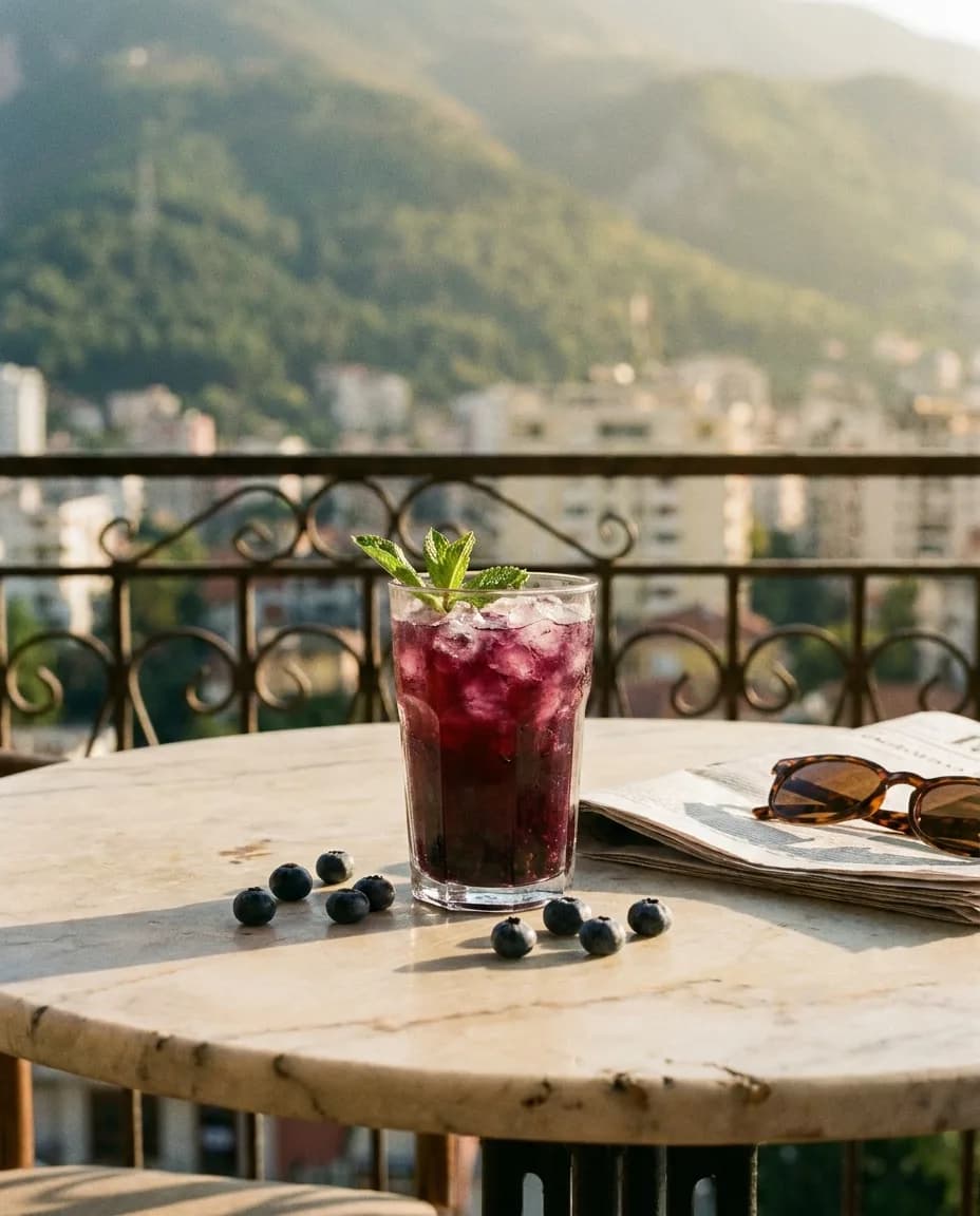 YAMAS Çaj i Ftohtë Jeshil me Boronicë dhe Mjaltë — në një tavolinë kafeneje në Tiranë