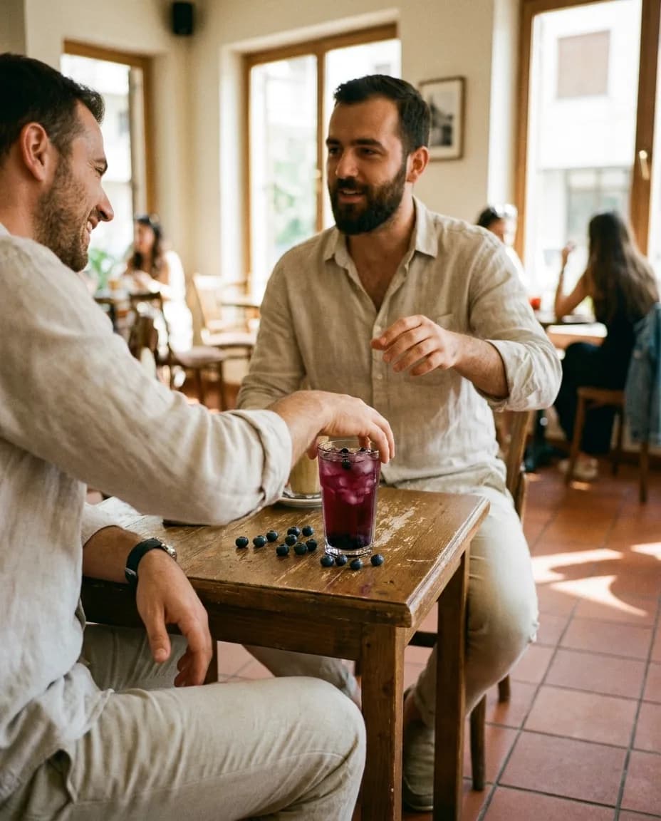 YAMAS Çaj i Ftohtë Jeshil me Boronicë dhe Mjaltë — e ndarë në tavolinë kafeneje