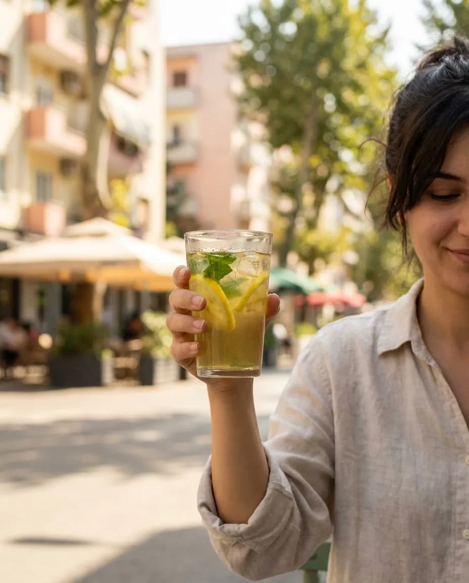 YAMAS Çaj i Ftohtë Jeshil me Limon dhe Mjaltë — në dorë në një rrugë të Tiranës