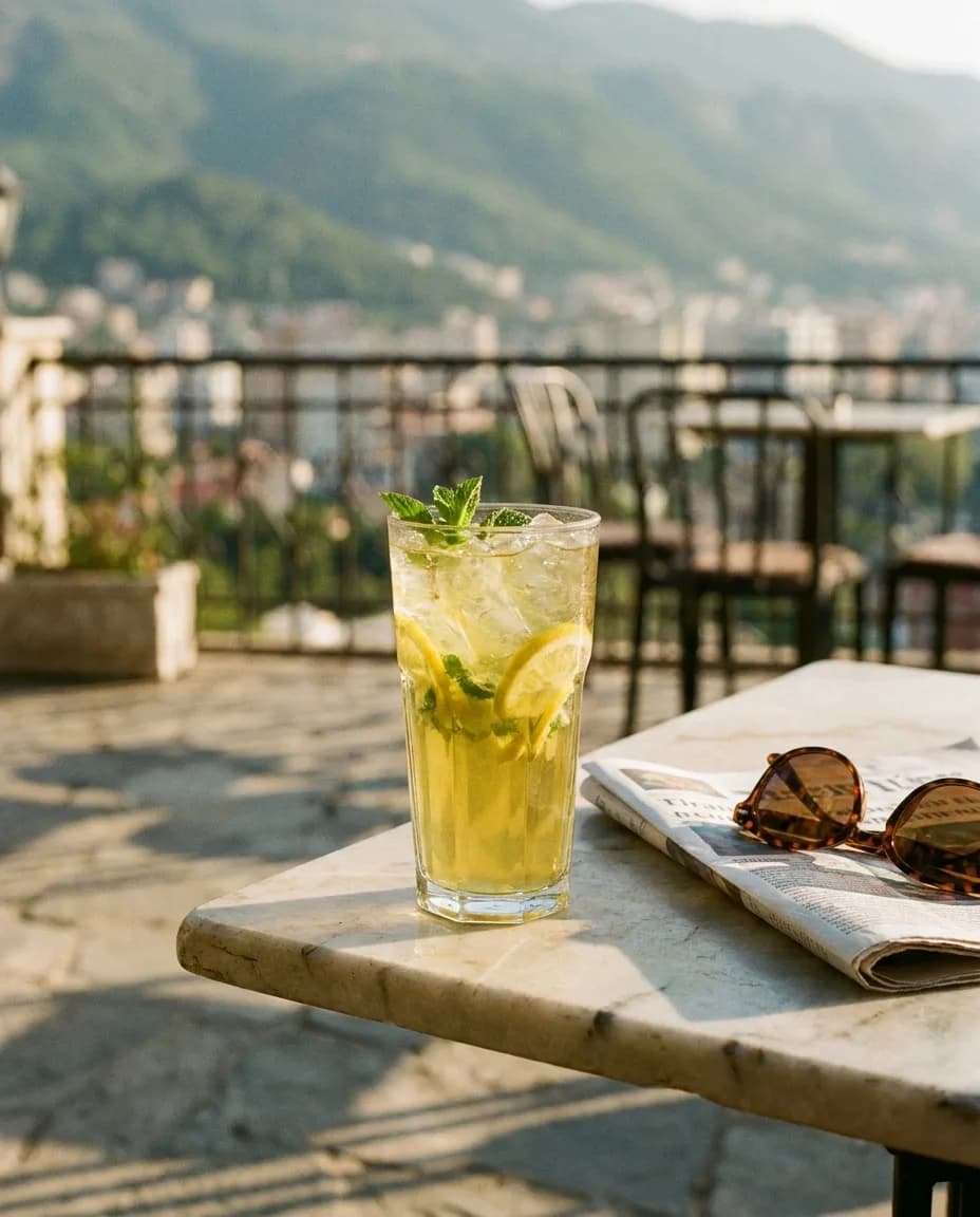 YAMAS Çaj i Ftohtë Jeshil me Limon dhe Mjaltë — në një tavolinë kafeneje në Tiranë