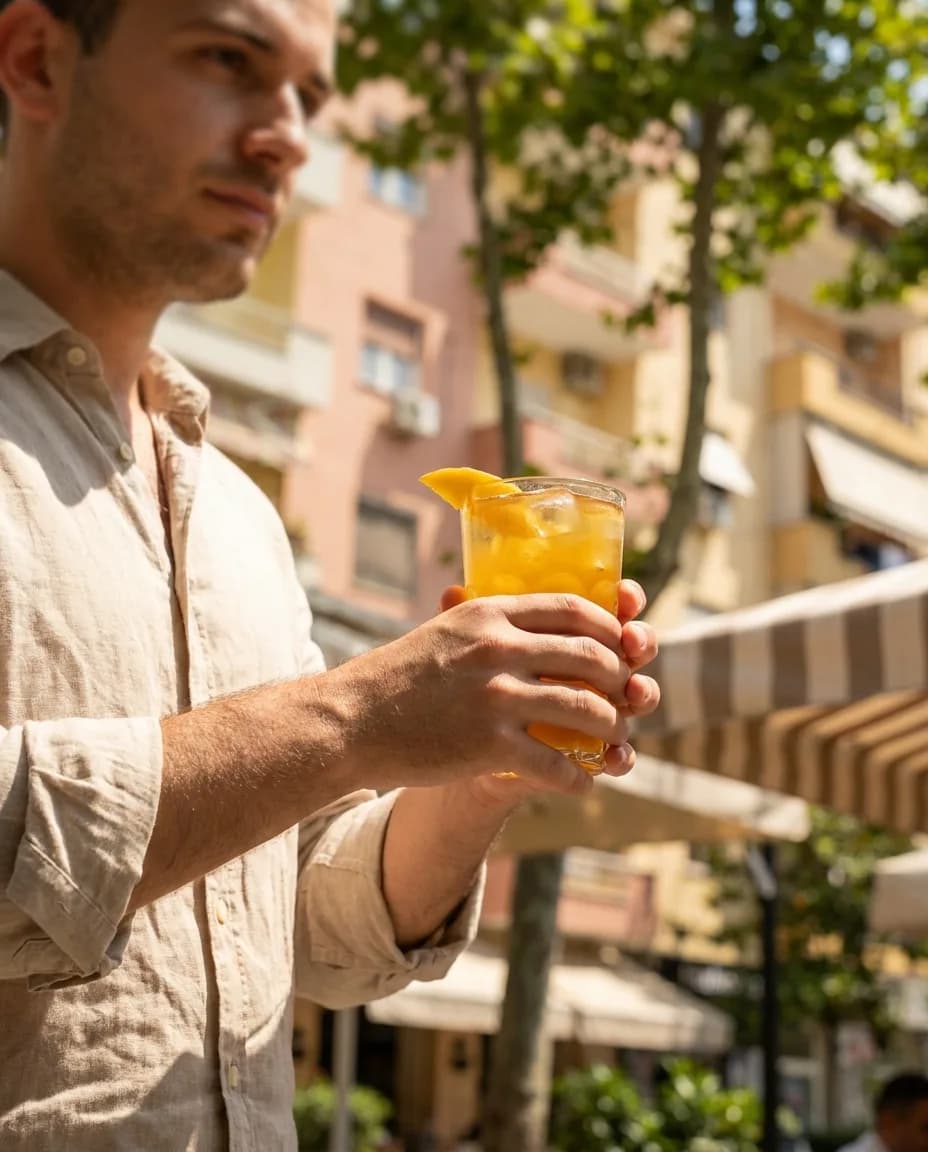 YAMAS Çaj i Ftohtë Jeshil me Mango dhe Mjaltë — në dorë në një rrugë të Tiranës