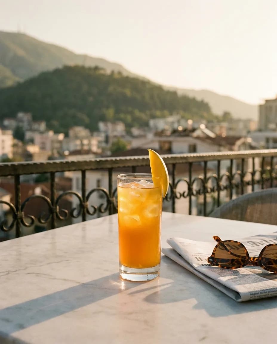 YAMAS Çaj i Ftohtë Jeshil me Mango dhe Mjaltë — në një tavolinë kafeneje në Tiranë