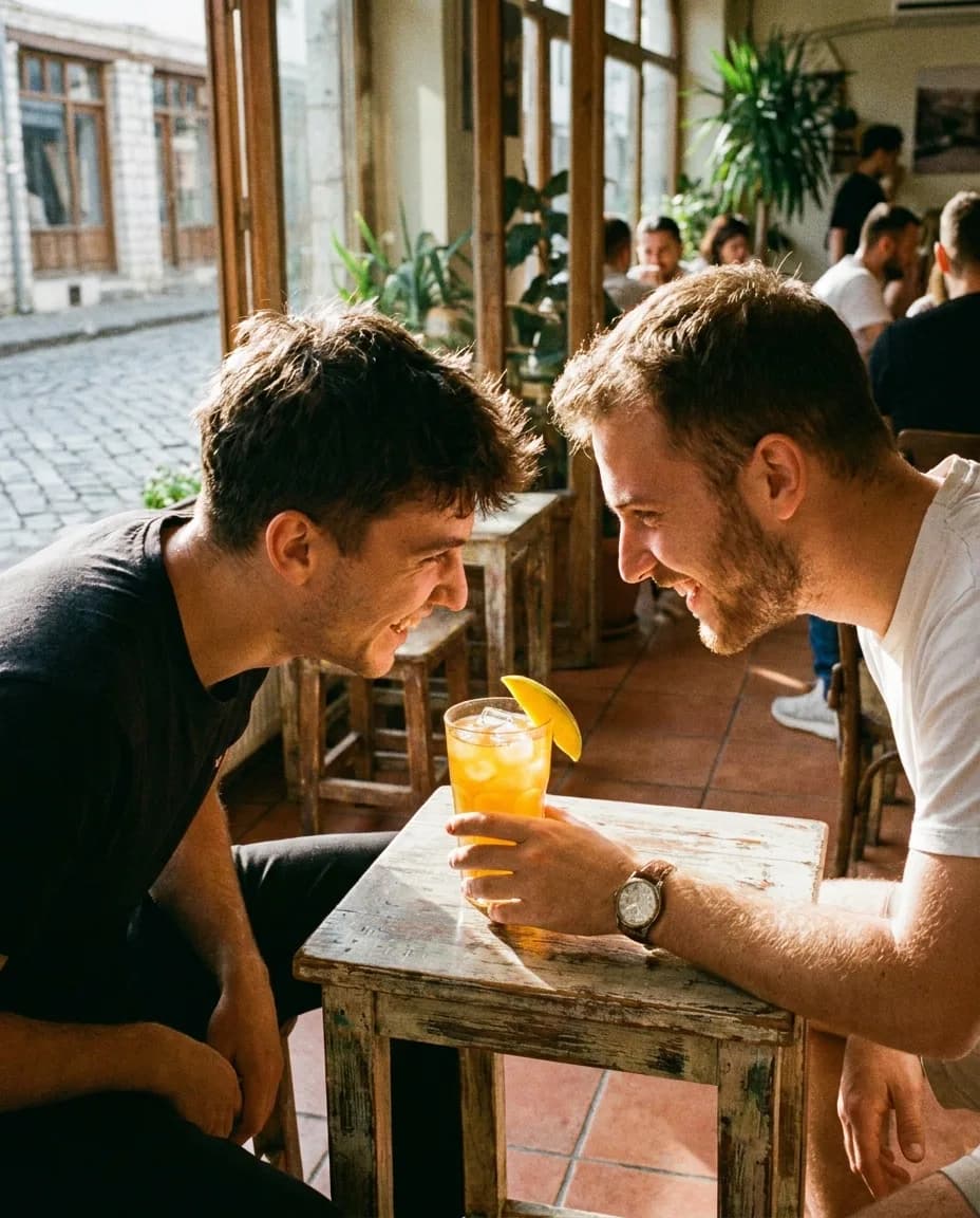 YAMAS Çaj i Ftohtë Jeshil me Mango dhe Mjaltë — e ndarë në tavolinë kafeneje