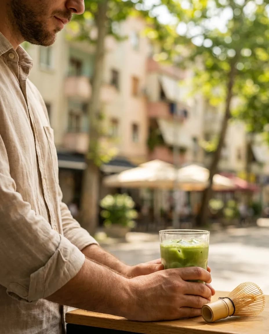 YAMAS Çaj i Ftohtë Jeshil me Matcha dhe Mjaltë — në dorë në një rrugë të Tiranës