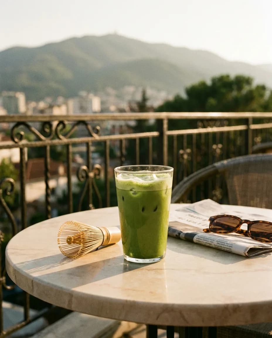 YAMAS Çaj i Ftohtë Jeshil me Matcha dhe Mjaltë — në një tavolinë kafeneje në Tiranë