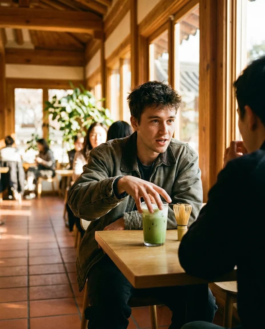 YAMAS Çaj i Ftohtë Jeshil me Matcha dhe Mjaltë — e ndarë në tavolinë kafeneje