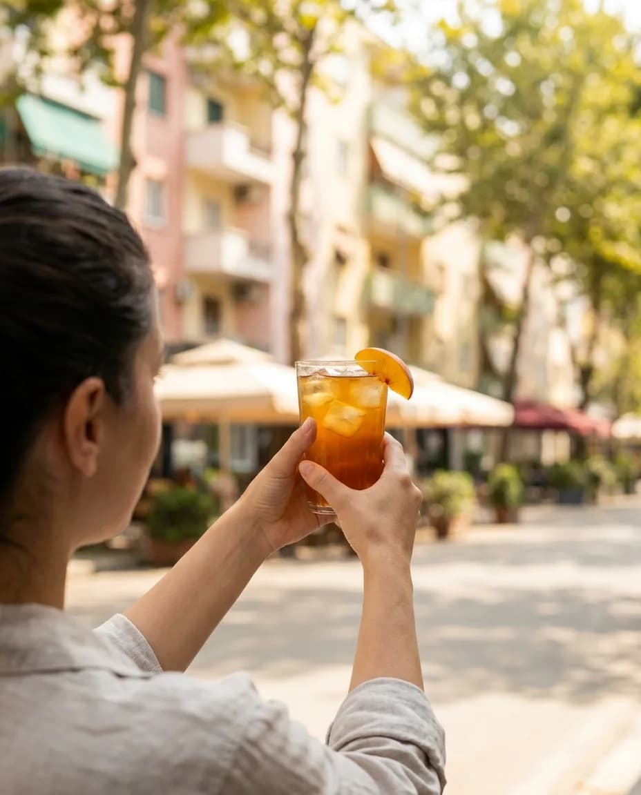 YAMAS Çaj i Ftohtë i Zi me Pjeshkë dhe Mjaltë — në dorë në një rrugë të Tiranës