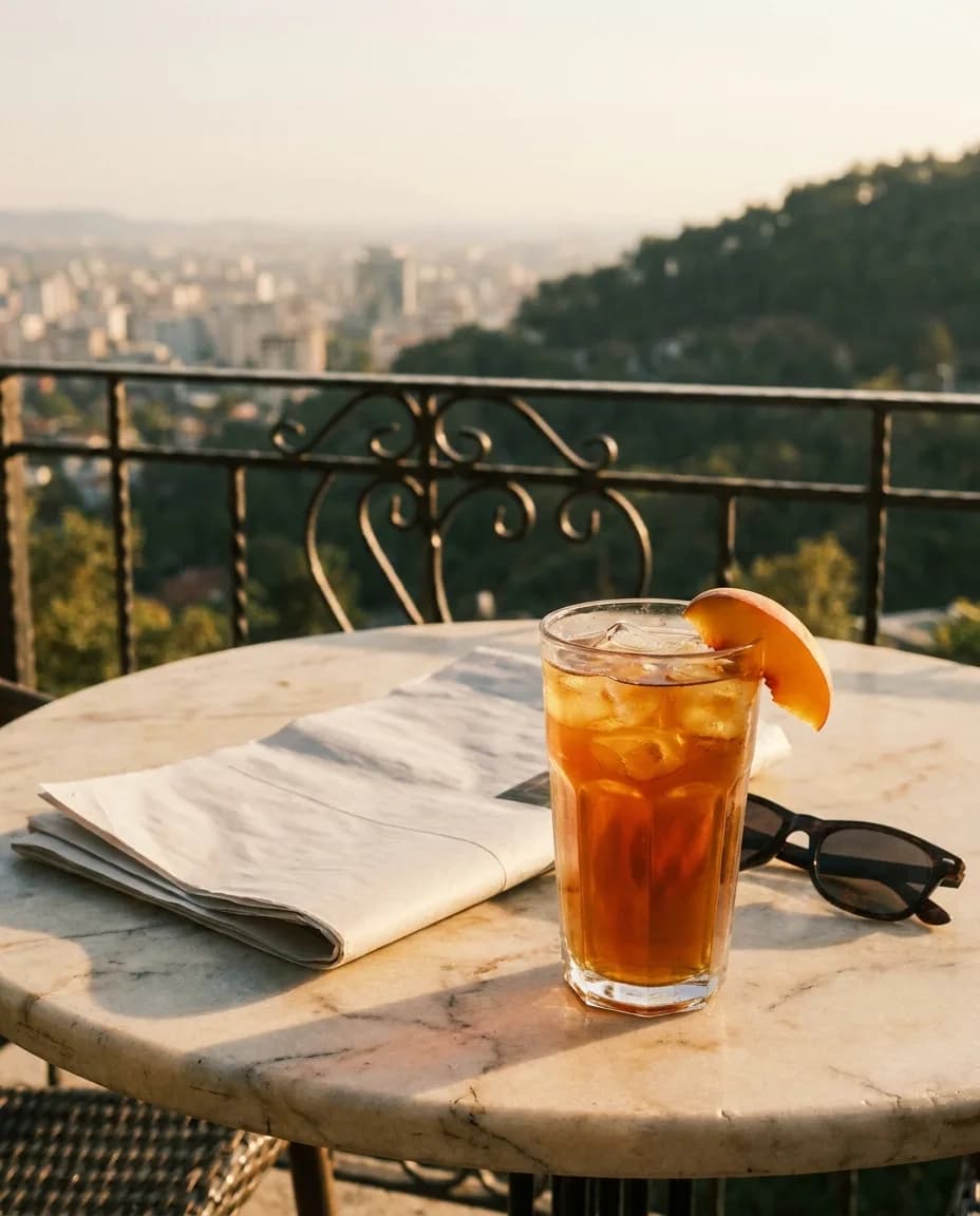 YAMAS Çaj i Ftohtë i Zi me Pjeshkë dhe Mjaltë — në një tavolinë kafeneje në Tiranë