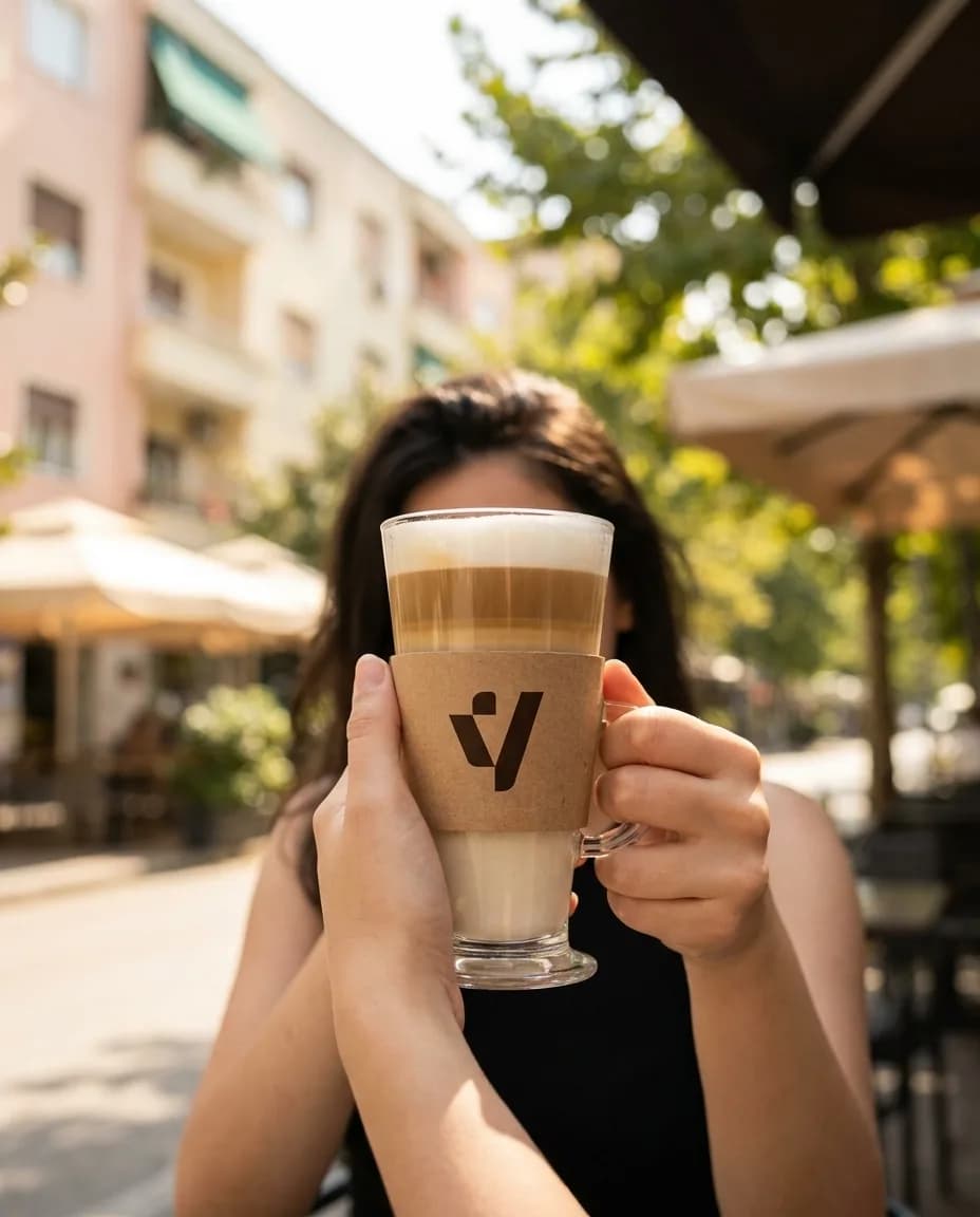 Kafe Latte e Ngrohtë — në dorë në një rrugë të Tiranës