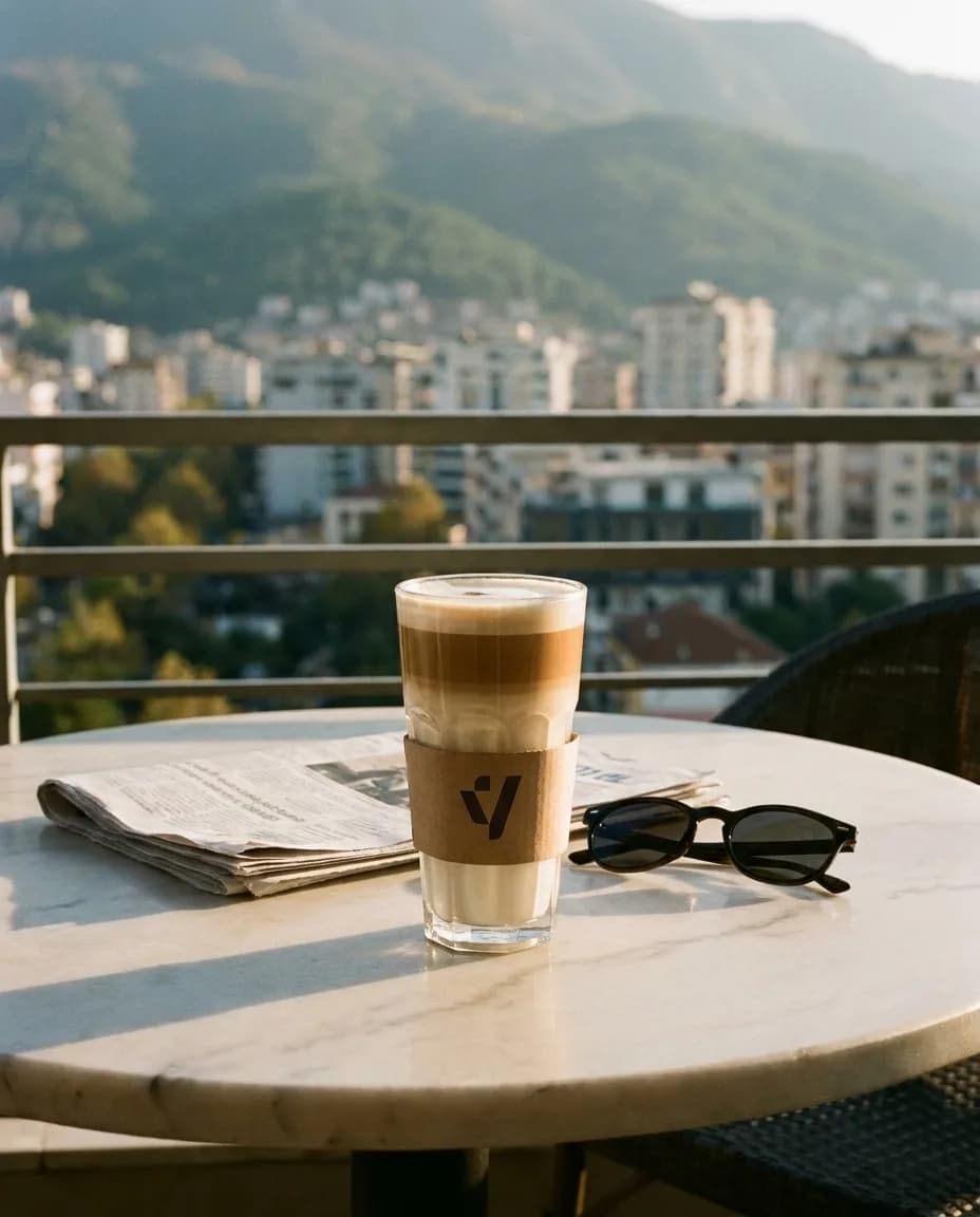 Kafe Latte e Ngrohtë — në një tavolinë kafeneje në Tiranë