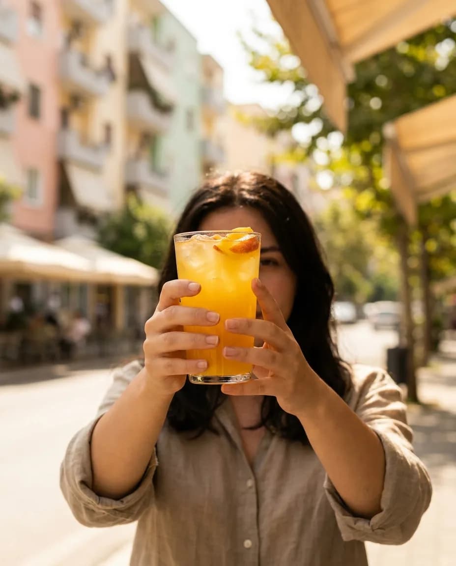 Franklin Limonatë Pjeshkë & Mango — në dorë në një rrugë të Tiranës