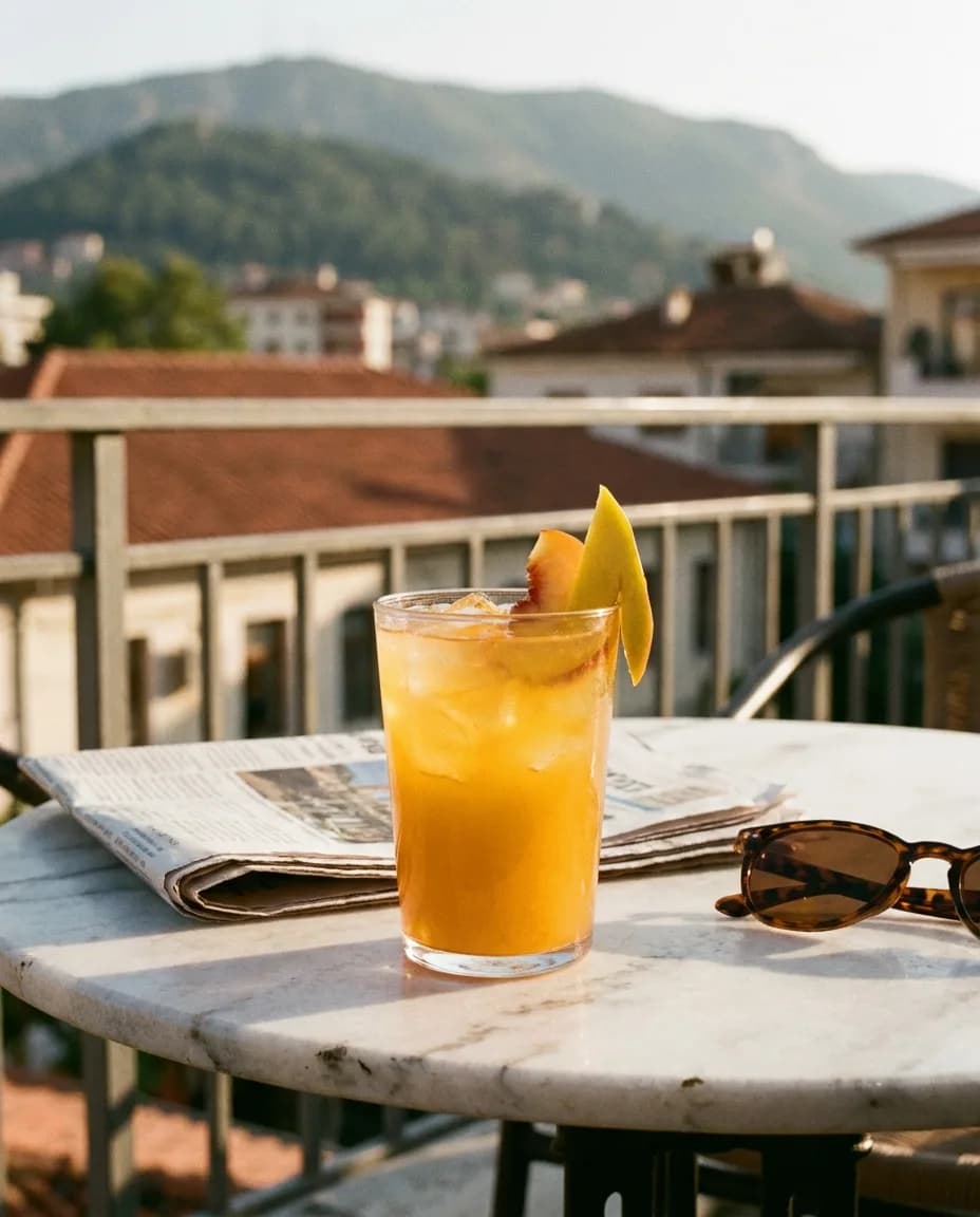Franklin Limonatë Pjeshkë & Mango — në një tavolinë kafeneje në Tiranë