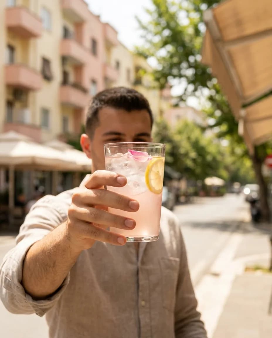 Franklin Limonatë me Trëndafil — në dorë në një rrugë të Tiranës