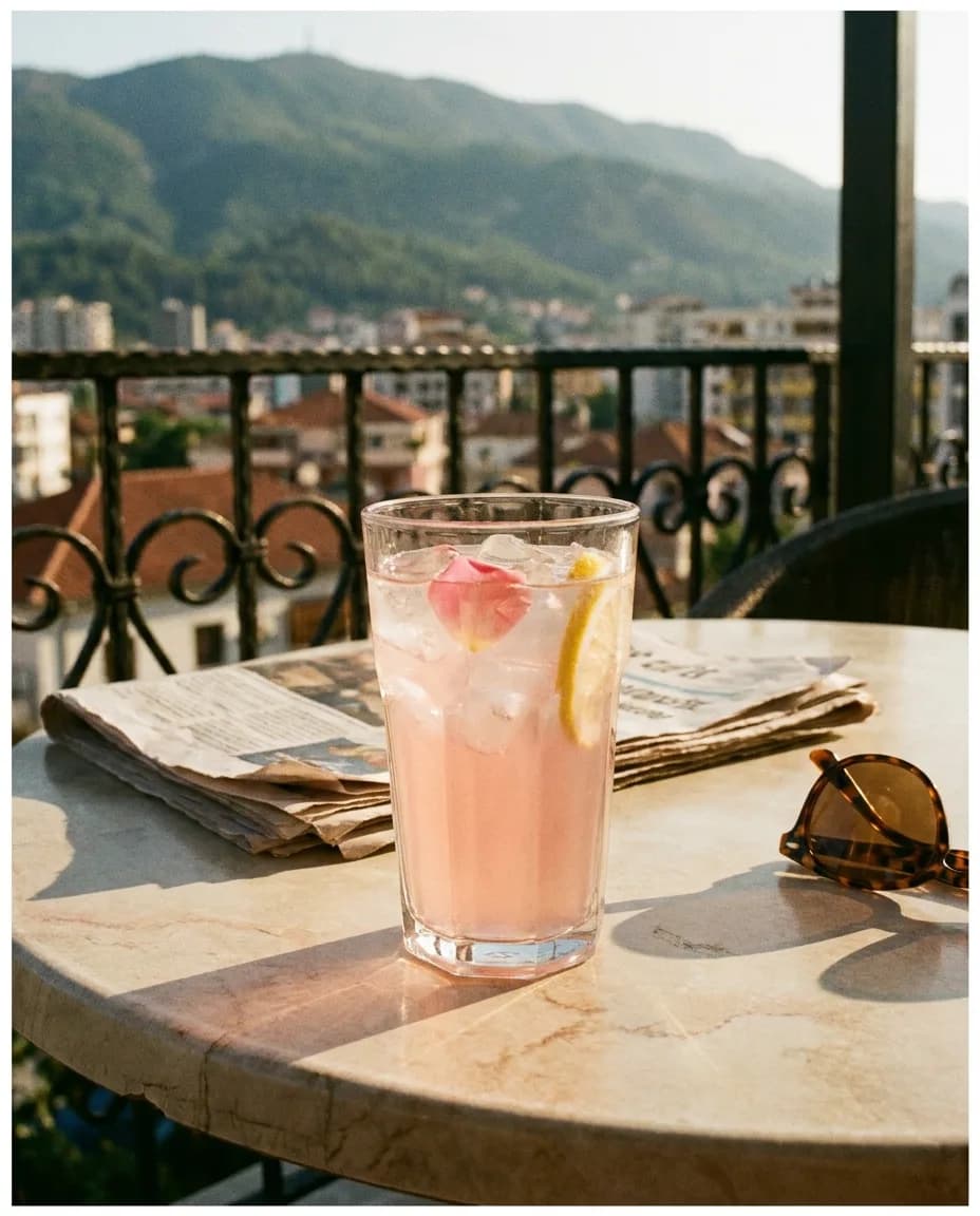 Franklin Limonatë me Trëndafil — në një tavolinë kafeneje në Tiranë